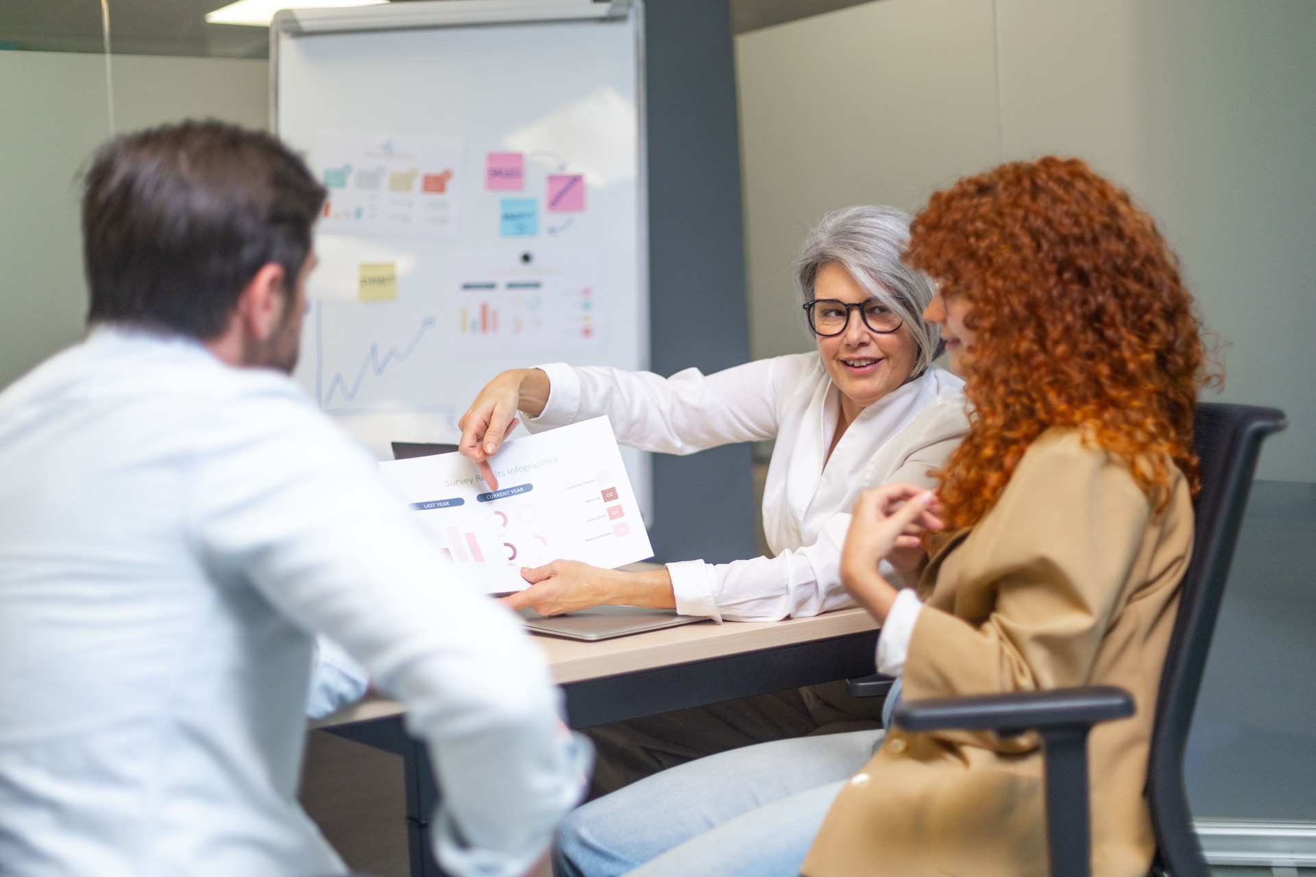 Businesswomen showing charts to male colleague during meeting